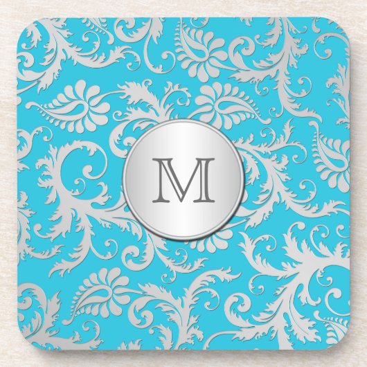 Monogram Turquoise Silver Damask Onderzetter Set ( (Voorkant)