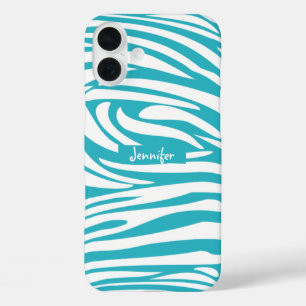 Monogram Turquoise Striped Zebra Pattern Trendy iPhone 16 Plus Hoesje