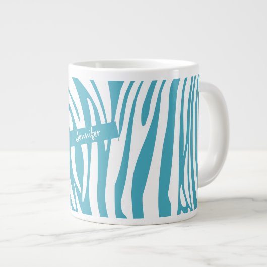Monogram Turquoise Striped Zebra Pattern Trendy Grote Koffiekop (Voorkant rechts)