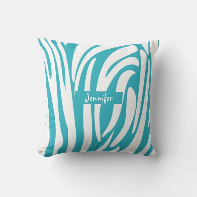 Monogram Turquoise Striped Zebra Pattern Trendy Kussen (Voorkant)