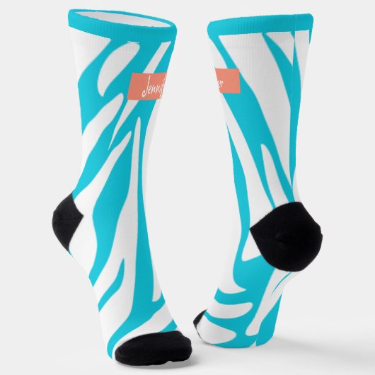 Monogram Turquoise Striped Zebra Pattern Trendy Sokken (Gebogen)