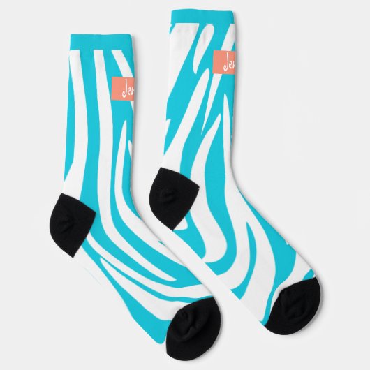 Monogram Turquoise Striped Zebra Pattern Trendy Sokken (Rechts)