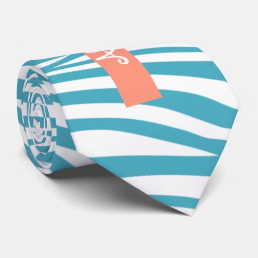Monogram Turquoise Striped Zebra Pattern Trendy Stropdas (Opgerold)