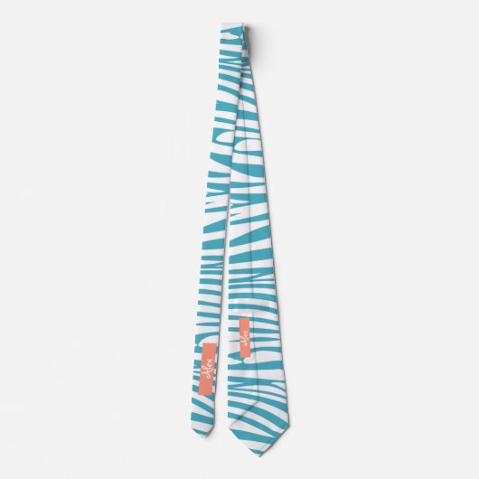 Monogram Turquoise Striped Zebra Pattern Trendy Stropdas (Achterkant)