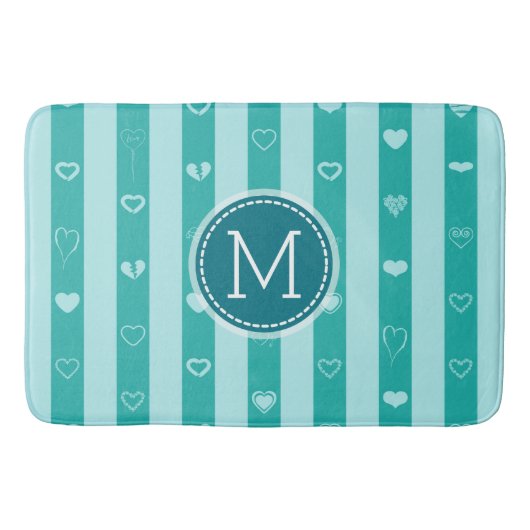 Monogram Turquoise Stripes Modern Heart Pattern Badmat (Voorkant)