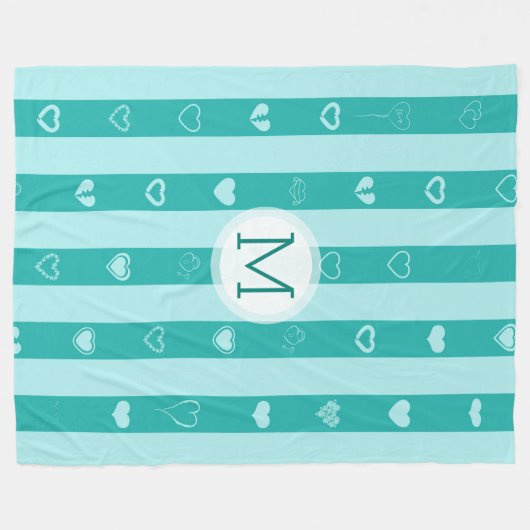 Monogram Turquoise Stripes Modern Heart Pattern Fleece Deken (Voorkant (Horizontaal))