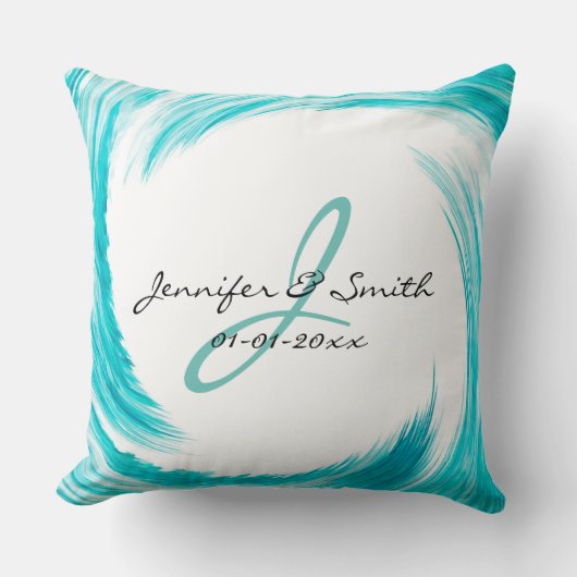 Monogram Turquoise Swirl Abstracte Art Kussen (Voorkant)