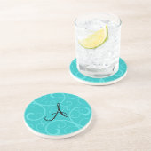 Monogram turquoise swirls zandsteen onderzetter (Zijkant)