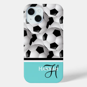 Monogram Turquoise Voetbal Pattern iPhone 15 Case