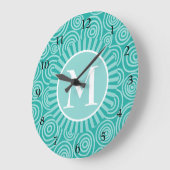 Monogram Turquoise White Spirals - Gepersonaliseer Grote Klok (Hoek)