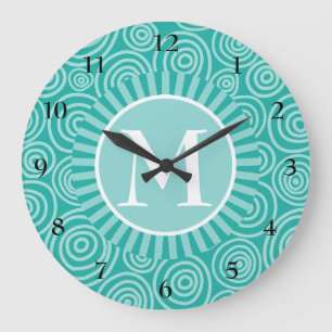 Monogram Turquoise White Spirals - Gepersonaliseer Grote Klok