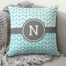 Monogram Turquoise Wit Chevron Patroon Vet Grijs Kussen
