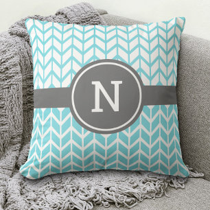 Monogram Turquoise Wit Chevron Patroon Vet Grijs Kussen