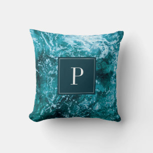 Monogram Turquoise Zee Golven Naam Gepersonaliseer Kussen