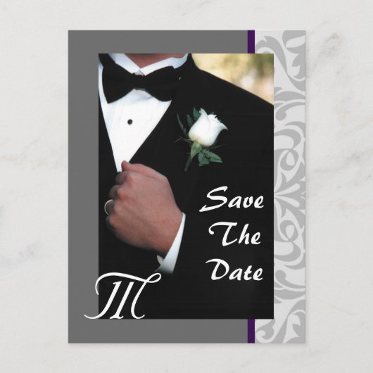Monogram Tuxedo Groom Save the Date Briefkaart (Voorkant)
