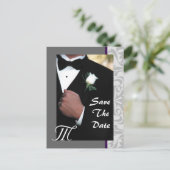 Monogram Tuxedo Groom Save the Date Briefkaart (Staand voorkant)
