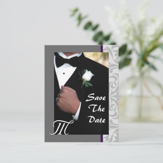 Monogram Tuxedo Groom Save the Date Briefkaart (Staand voorkant)