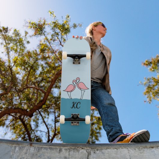 Monogram Twee Roze Flamingo's op het Water Quote Persoonlijk Skateboard (Buiten 1)