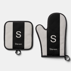 Monogram Twee Tone Modern Zwart en Grijs Ovenwant & Pannenlap Set