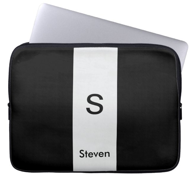 Monogram Twee Tone Modern Zwart en Lichtgrijs Laptop Sleeve (Voorkant)