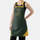 Monogram tweekleurig goud & bosgroen schort (Insitu)