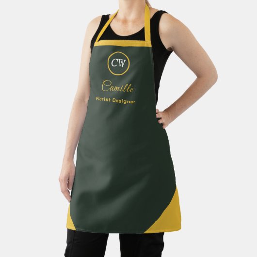 Monogram tweekleurig goud & bosgroen schort (Insitu)