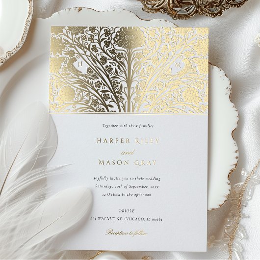 Monogram Tweelingvogels Victoriaans Bruiloft Folie Uitnodiging