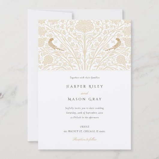 Monogram Tweelingvogels Victoriaans Bruiloft Kaart (Voorkant)