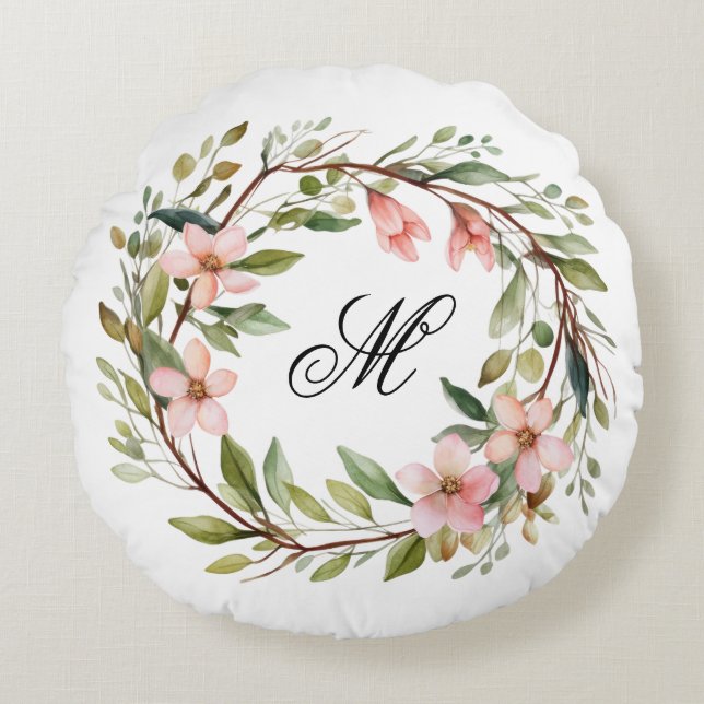 Monogram  Twig en Wildflower Krans Rond Kussen (Voorkant)