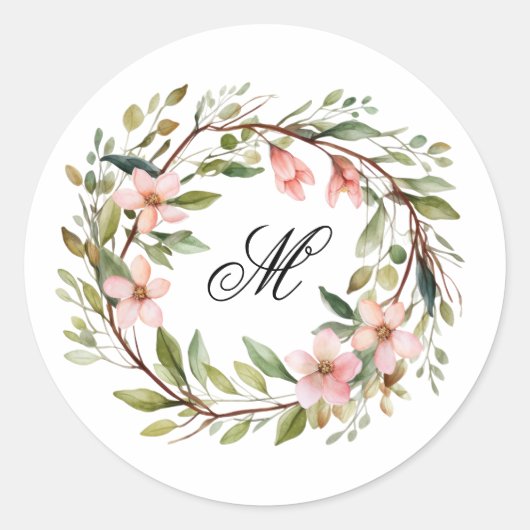 Monogram  Twig en Wildflower Krans Ronde Sticker (Voorkant)