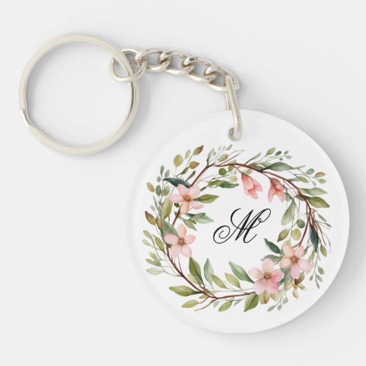 Monogram  Twig en Wildflower Krans Sleutelhanger (Voorkant)