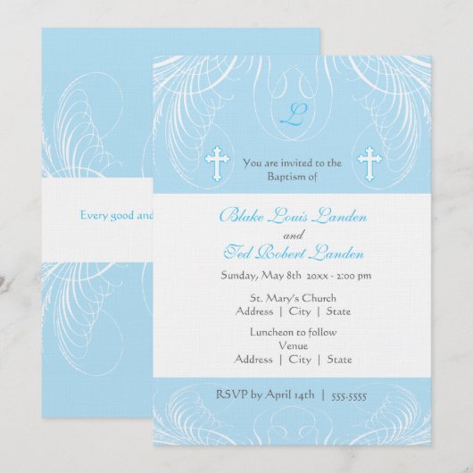 Monogram Twin Boys Baptisme Invitation Kaart (Voorkant / Achterkant)