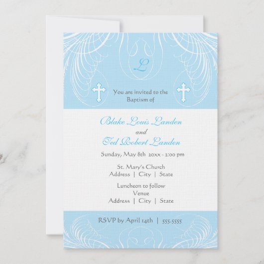 Monogram Twin Boys Baptisme Invitation Kaart (Voorkant)