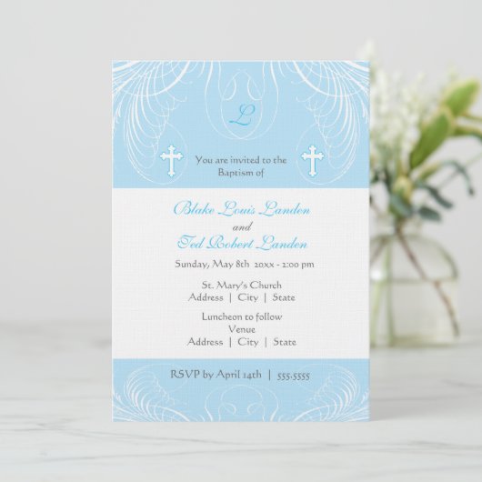 Monogram Twin Boys Baptisme Invitation Kaart (Staand voorkant)
