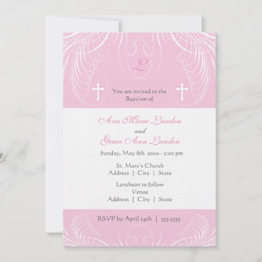 Monogram Twin Girls Baptism Invitation Kaart (Voorkant)