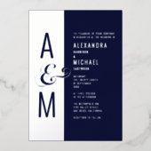 Monogram Typografie Navy Blue Silver Wedding Folie Uitnodiging (Voorkant)