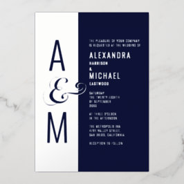 Monogram Typografie Navy Blue Silver Wedding Folie Uitnodiging