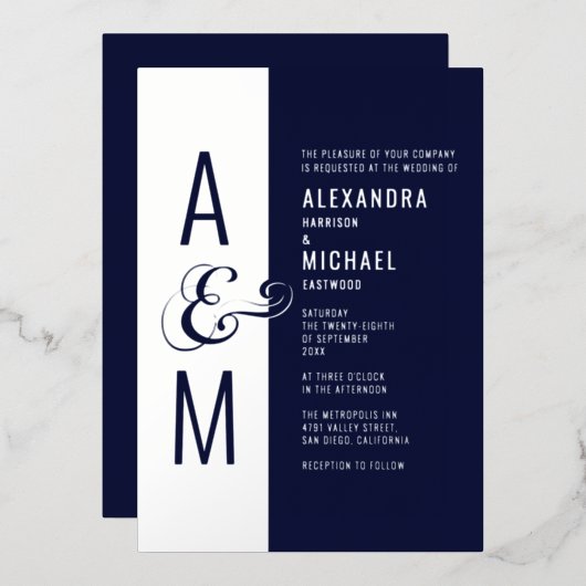 Monogram Typografie Navy Blue Silver Wedding Folie Uitnodiging (Voorkant / Achterkant)