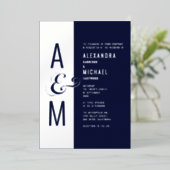 Monogram Typografie Navy Blue Silver Wedding Folie Uitnodiging (Staand Voorkant)
