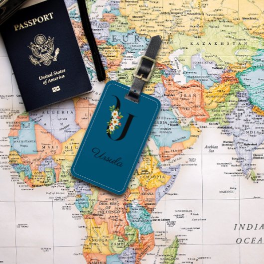 Monogram U kobalt waterverf bloem Bagagelabel