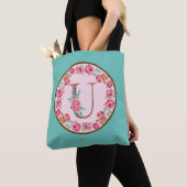 Monogram U Letter met Peony Flower Afbeelding Canv Tote Bag (Dichtbij)