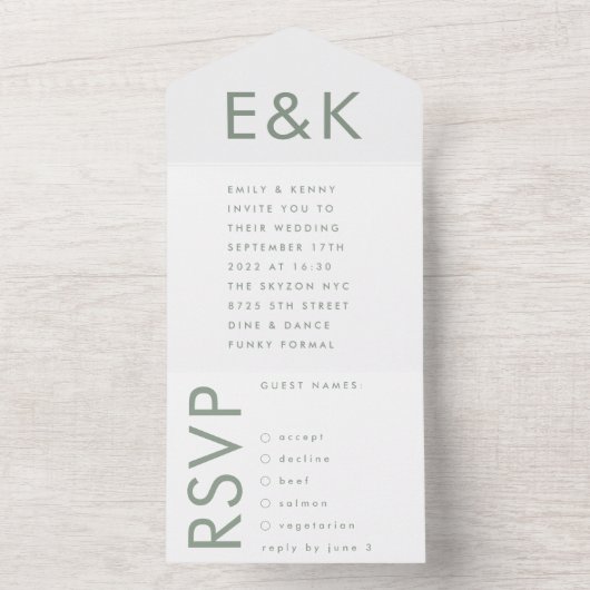 Monogram Ultra Modern Bold Big Sage Green Wedding All In One Uitnodiging (Binnen)