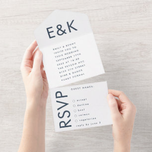 Monogram Ultra Modern Bold Navy Blue Wedding All In One Uitnodiging