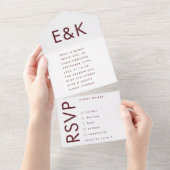 Monogram Ultra Modern Burgundy Maroon Wedding All In One Uitnodiging (Afscheurbaar)