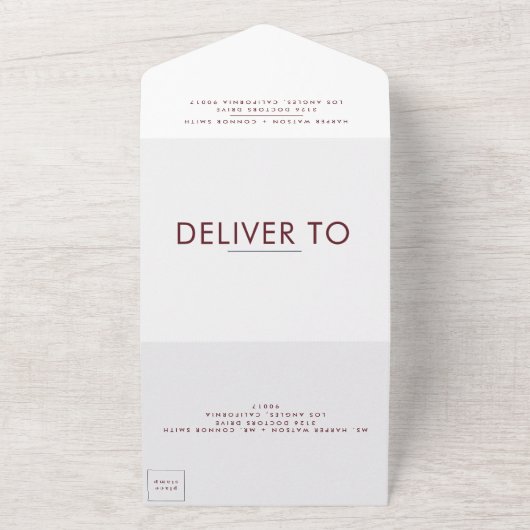 Monogram Ultra Modern Burgundy Maroon Wedding All In One Uitnodiging (Buitenkant)