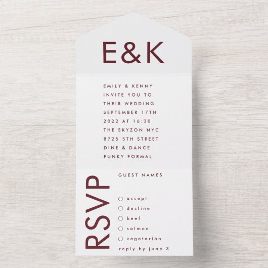 Monogram Ultra Modern Burgundy Maroon Wedding All In One Uitnodiging (Binnen)