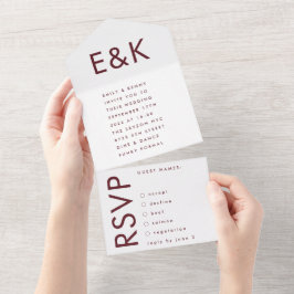 Monogram Ultra Modern Burgundy Maroon Wedding All In One Uitnodiging