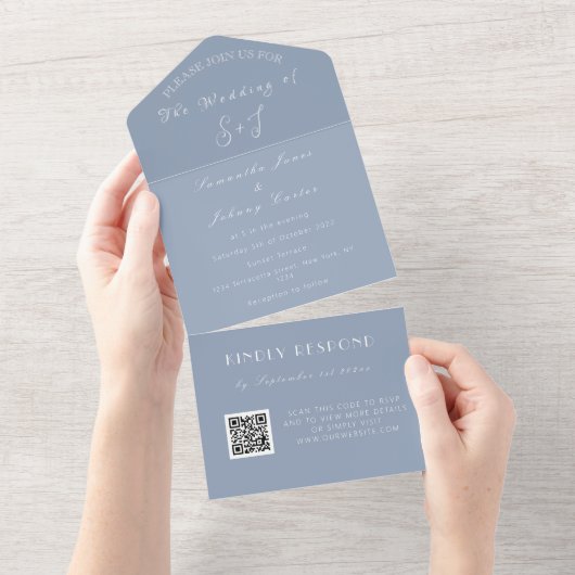 Monogram Unieke Stoffige Blauwe QR Code Bruiloft All In One Uitnodiging (Afscheurbaar)
