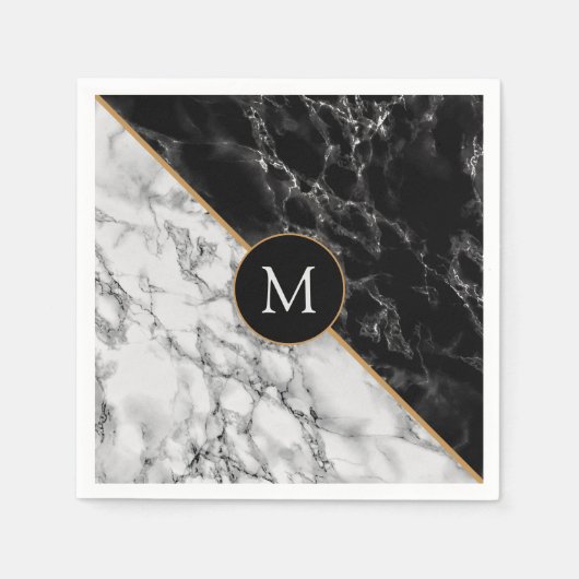 Monogram uw brief servetten zwart wit marmer (Voorkant)