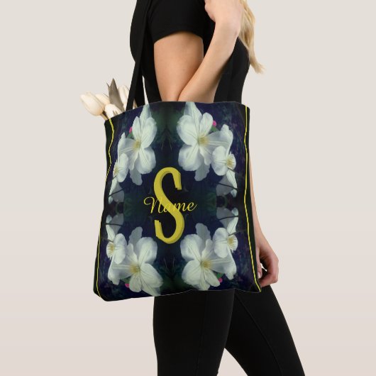 Monogram Uw Initiële Naam Clematis Bloemkunst Tote Bag (Dichtbij)